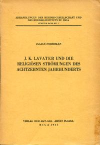 Forssman, J. K. Lavater und die religiösen Strömungen des achtzehnten Jahrhunder (Umschlag)