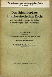 Staub, Das Stimmregister im schweizerischen Recht. (Umschlag)